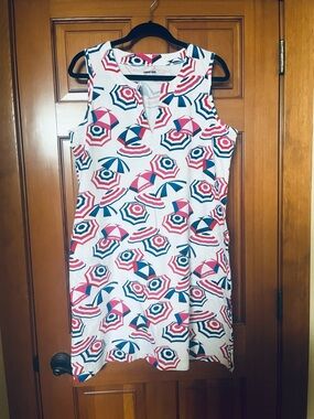 Lands' End White Midi Dress with Pink and Blue Beach Umbrella Print